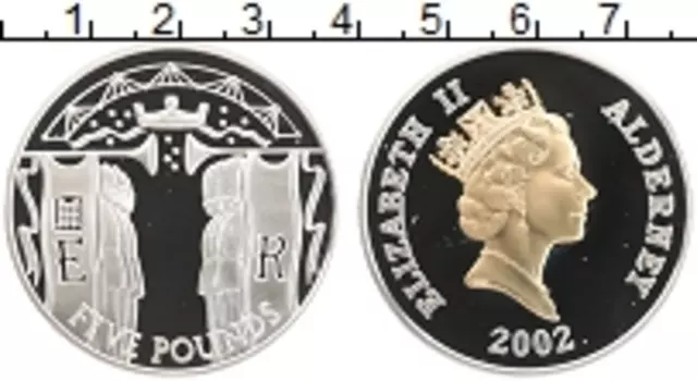 Монета 5 фунтов Олдерни 2002 года Серебро 50 лет правлению Королевы Елизаветы II,позолота
