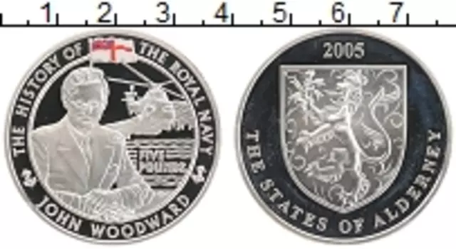 Монета 5 фунтов Олдерни 2005 года Серебро История королевских ВМФ