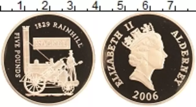 Монета 5 фунтов Олдерни 2006 года Серебро 200 лет локомотивам - Рокет