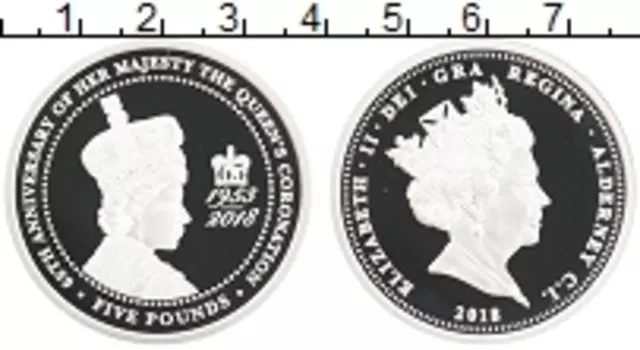 Монета 5 фунтов Олдерни 2018 года Серебро 65 лет коронации королевы Елизаветы II