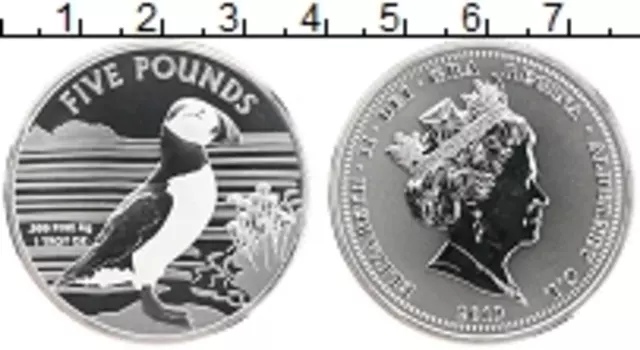 Монета 5 фунтов Олдерни 2019 года Серебро Паффин