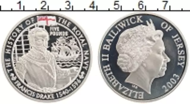 Монета 5 фунтов Острова Джерси 2003 года Серебро История королевских ВМФ