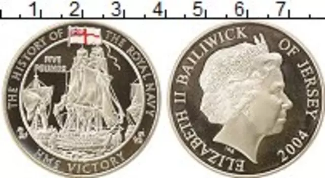 Монета 5 фунтов Острова Джерси 2004 года Серебро История флота, Корабль Виктория
