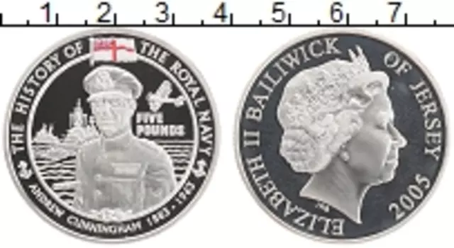 Монета 5 фунтов Острова Джерси 2005 года Серебро История королевских ВМФ