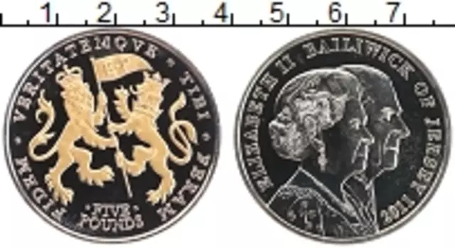 Монета 5 фунтов Острова Джерси 2011 года Медно-никель 60 лет правления королевы Елизаветы II