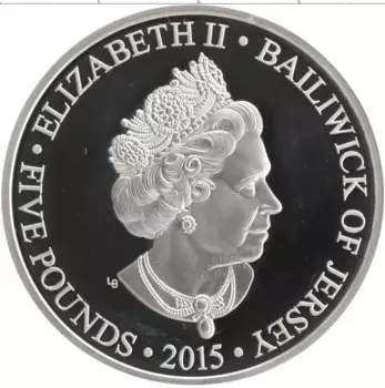 Монета 5 фунтов Острова Джерси 2015 года Серебро Елизавета II самый долгоправящий монарх