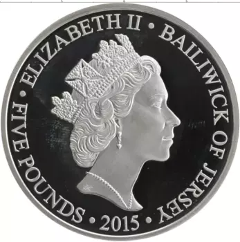 Монета 5 фунтов Острова Джерси 2015 года Серебро Елизавета II самый долгоправящий монарх