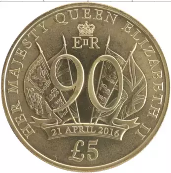 Монета 5 фунтов Острова Джерси 2016 года Позолота 90 лет со дня рождения королевы Елизаветы II
