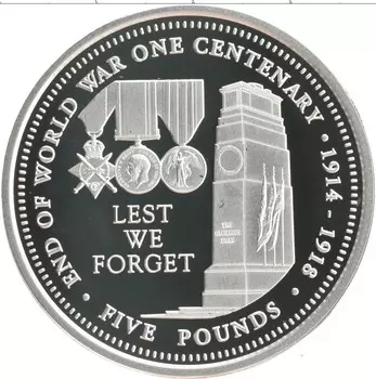 Монета 5 фунтов Тристан-да-Куньи 2018 года Серебро Елизавета II 100-летие окончания WWI Мы не забудем