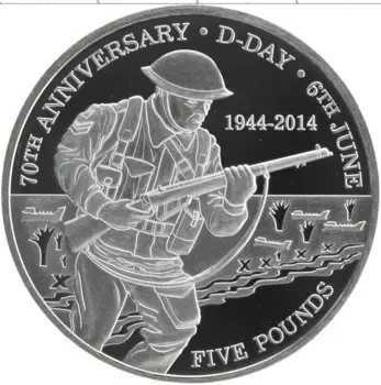 Монета 5 фунтов Тристан-да-Куньи 2014 года Серебро 70 лет D-DAY