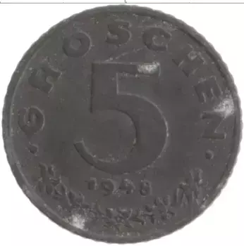 Монета 5 грош Австрии 1948 года Цинк