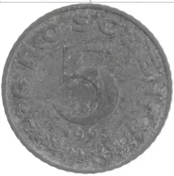Монета 5 грош Австрии 1965 года Цинк