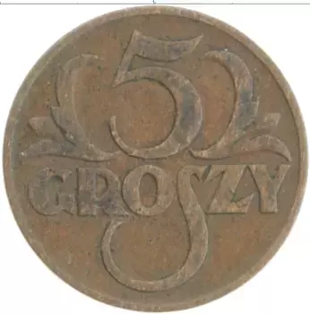 Монета 5 грош Польши 1928 года Бронза