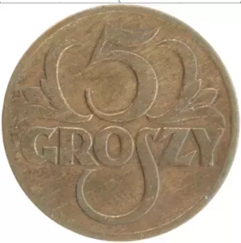 Монета 5 грош Польши 1928 года Бронза