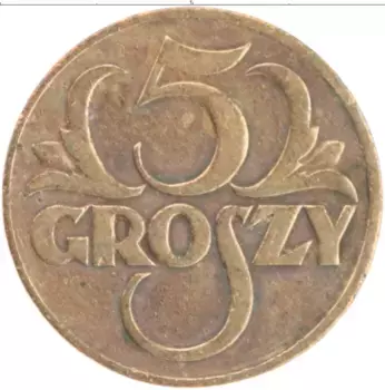 Монета 5 грош Польши 1930 года Бронза