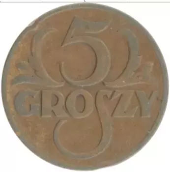 Монета 5 грош Польши 1931 года Бронза
