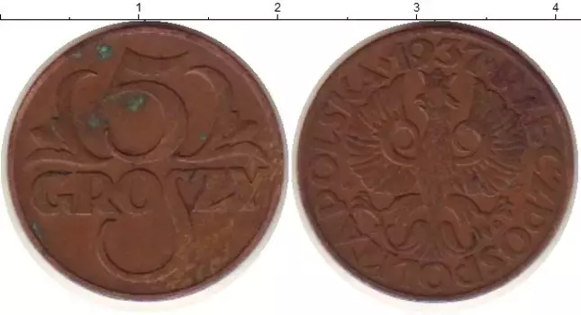 Монета 5 грош Польши 1937 года Бронза