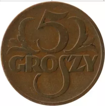 Монета 5 грош Польши 1937 года Бронза
