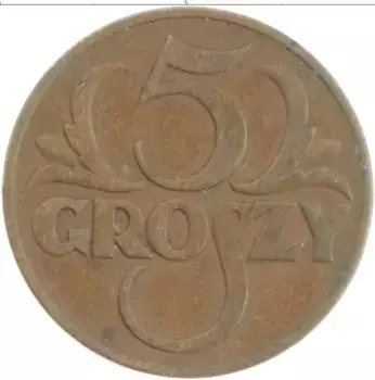 Монета 5 грош Польши 1937 года Бронза