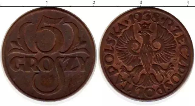 Монета 5 грош Польши 1938 года Бронза
