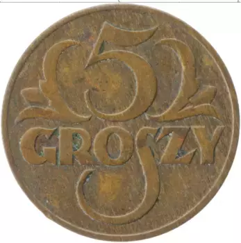 Монета 5 грош Польши 1938 года Бронза
