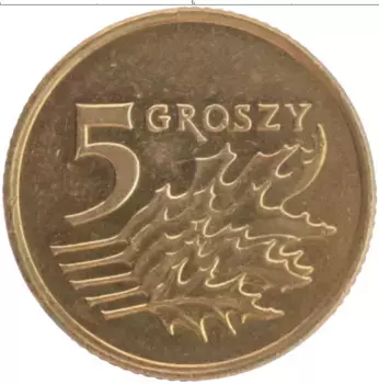 Монета 5 грош Польши 1990 года Латунь