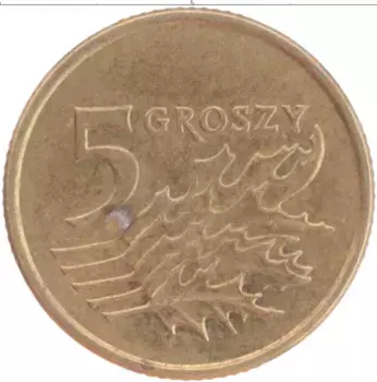 Монета 5 грош Польши 2002 года Латунь
