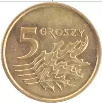 Монета 5 грош Польши 2007 года Латунь