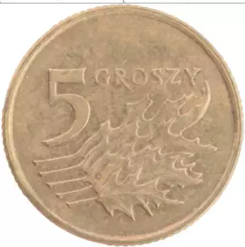 Монета 5 грош Польши 2010 года Латунь