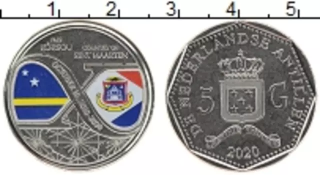 Монета 5 гульденов Антильских островов 2020 года Медно-никель 10 лет автономии Кюрасао и Синт-Мартен