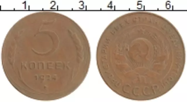 Монета 5 копеек СССР 1924 года Медь
