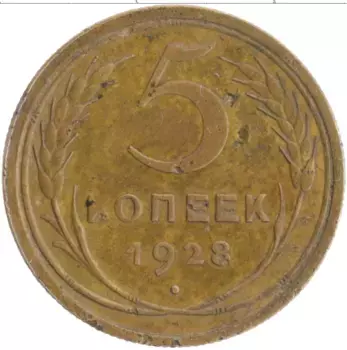 Монета 5 копеек СССР 1928 года Бронза