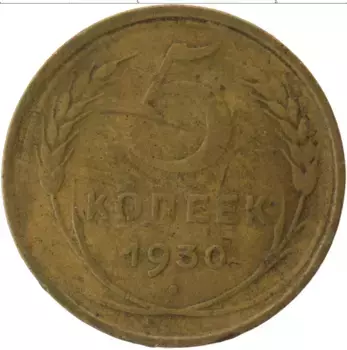 Монета 5 копеек СССР 1930 года Латунь