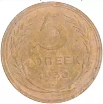 Монета 5 копеек СССР 1930 года Латунь