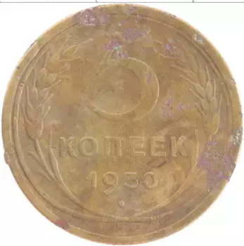 Монета 5 копеек СССР 1930 года Латунь