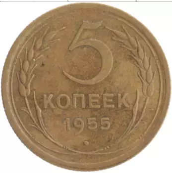 Монета 5 копеек СССР 1955 года Бронза