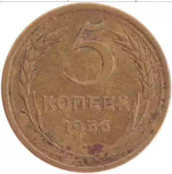 Монета 5 копеек СССР 1956 года Латунь