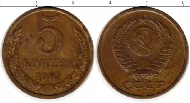 Монета 5 копеек СССР 1981 года Латунь