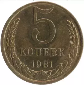 Монета 5 копеек СССР 1981 года Латунь