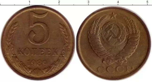 Монета 5 копеек СССР 1989 года Латунь