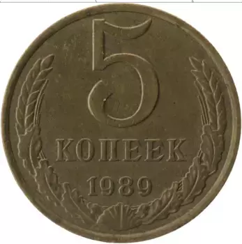 Монета 5 копеек СССР 1989 года Латунь
