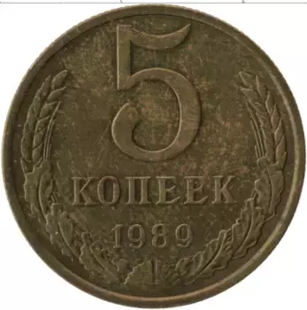 Монета 5 копеек СССР 1989 года Латунь