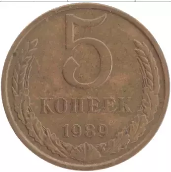 Монета 5 копеек СССР 1989 года Латунь