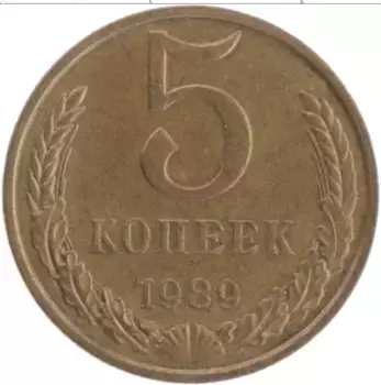 Монета 5 копеек СССР 1989 года Латунь