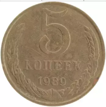 Монета 5 копеек СССР 1989 года Латунь