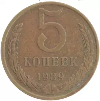 Монета 5 копеек СССР 1989 года Латунь