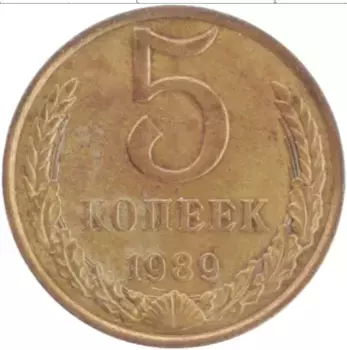 Монета 5 копеек СССР 1989 года Латунь