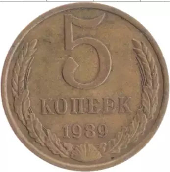 Монета 5 копеек СССР 1989 года Латунь