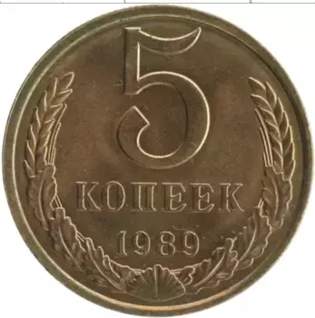Монета 5 копеек СССР 1989 года Латунь