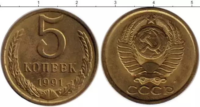 Монета 5 копеек СССР 1991 года Латунь